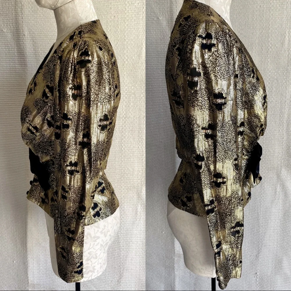 Vintage 60s 70s Metallic Top S Disco Party Blouse Black Gold Print - Picture 4 of 8